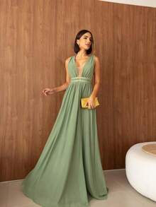 Micro Tulle Long Party Dress Simple Zipper Party Wedding - Verde Oliva - Ver 3