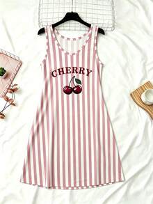 2pcs Women's Striped V-Neck Letter & Cherry Print Tank Top Pajama Set, Cherry Pajama Dress Loungewear - Multicolor - View 3