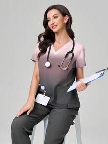 TaskEZ Scrub Uniform Set With Gradient Short Sleeve Top And Solid Color Pants - Multicolor - View 1