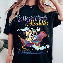 Printed T-Shirt With Magical Carpet Design, Short Sleeve, Round Neck, Youth Fashion, Japanese Kawaii Urban Style, Top, Women's Clothing, Blouse - 黑色 - 查看 1