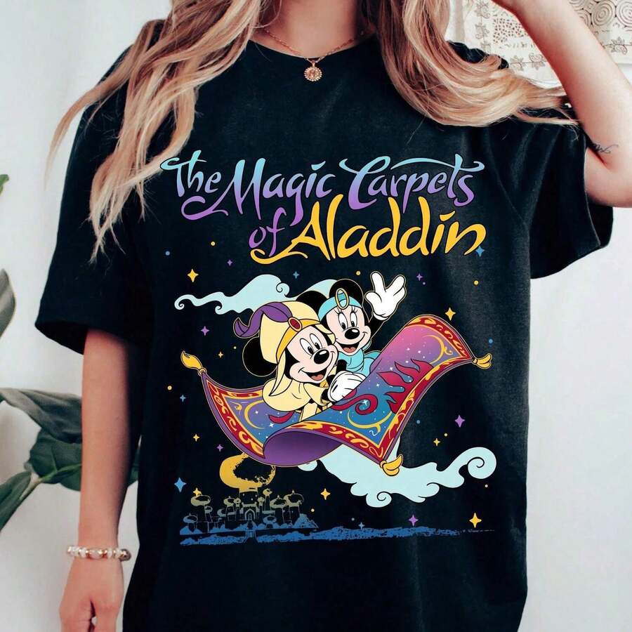 Printed T-Shirt With Magical Carpet Design, Short Sleeve, Round Neck, Youth Fashion, Japanese Kawaii Urban Style, Top, Women's Clothing, Blouse - 黑色 - 查看 1