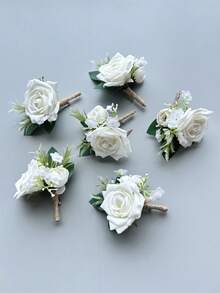 1 pieza/6 piezas Flor de rosa de marfil artificial, prendedor de novio, corsage para hombre, hermano, graduado, pin para traje, boda, flores DIY, decoración de fiesta - Blanco lechoso - Ver 9