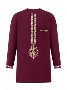 Men's Dashiki 2 Pieces Full Set, African Traditional Clothing, Long Sleeve Luxury Men's Outfit, Elegant Arabian Magenta Robe Suit - Redwood - View 4