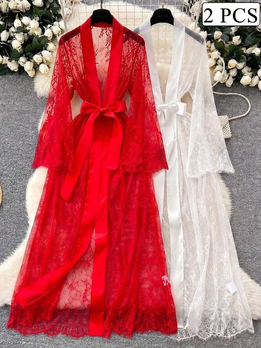兩件式透明蕾絲套裝，優雅奢華浪漫，前開衩，舒適，四季適用派對居家睡裙，精選禮物 - 紅白色 - 查看 1