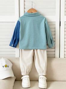 2pcs/Set Baby Boy Sky Blue & Blue Color Block Button-Up Flap Pocket Turn Collar Long Sleeve Shirt Jacket And Elastic Waist Apricot Long Pants Set, Casual, Vacation, Sports, Autumn, 6M-3T, Children's Set, Toddler Pants, Toddler Jacket, Toddler Top - Apricot - View 2