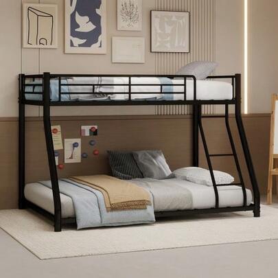 Heavy-Duty Metal Bunk Bed Frame, A Top Bunk Of 90*140cm And A Bottom Bunk Of 140*190cm,Space-Saving Design With Ladder & Full-Length Guardrails, Ideal For Teens & Adults, Modern Style.