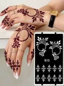 3pcs/Set Hana Hand-Drawn Hollow Tattoo Stencils, Floral Pattern Nail Art Tattoo - Sexy Floral Design, Suitable For Hands, DIY Painting, Ink, Reusable Mehndi Design Template Stickers - Black - View 2