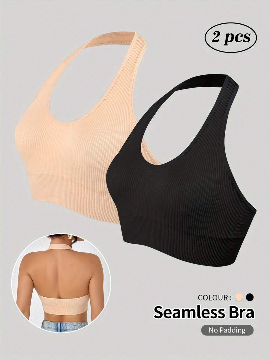 Top deportivo y camiseta de tirantes sin costuras - Top de yoga acanalado tipo halter con espalda abierta - azul real - Ver 1