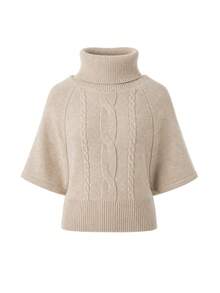 French Style Gentle Elegant Cable Knit Pullover Cape Sleeve Sweater Autumn Loose High Neck Knit Top Women - Khaki - View 6