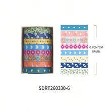 8 rollos de cinta washi con lunares, corazones y flores, cinta decorativa rasgable a mano, perfecta para collages de diarios manuales, envolver regalos, hacer tarjetas y scrapbooking - Multicolor - Ver 12