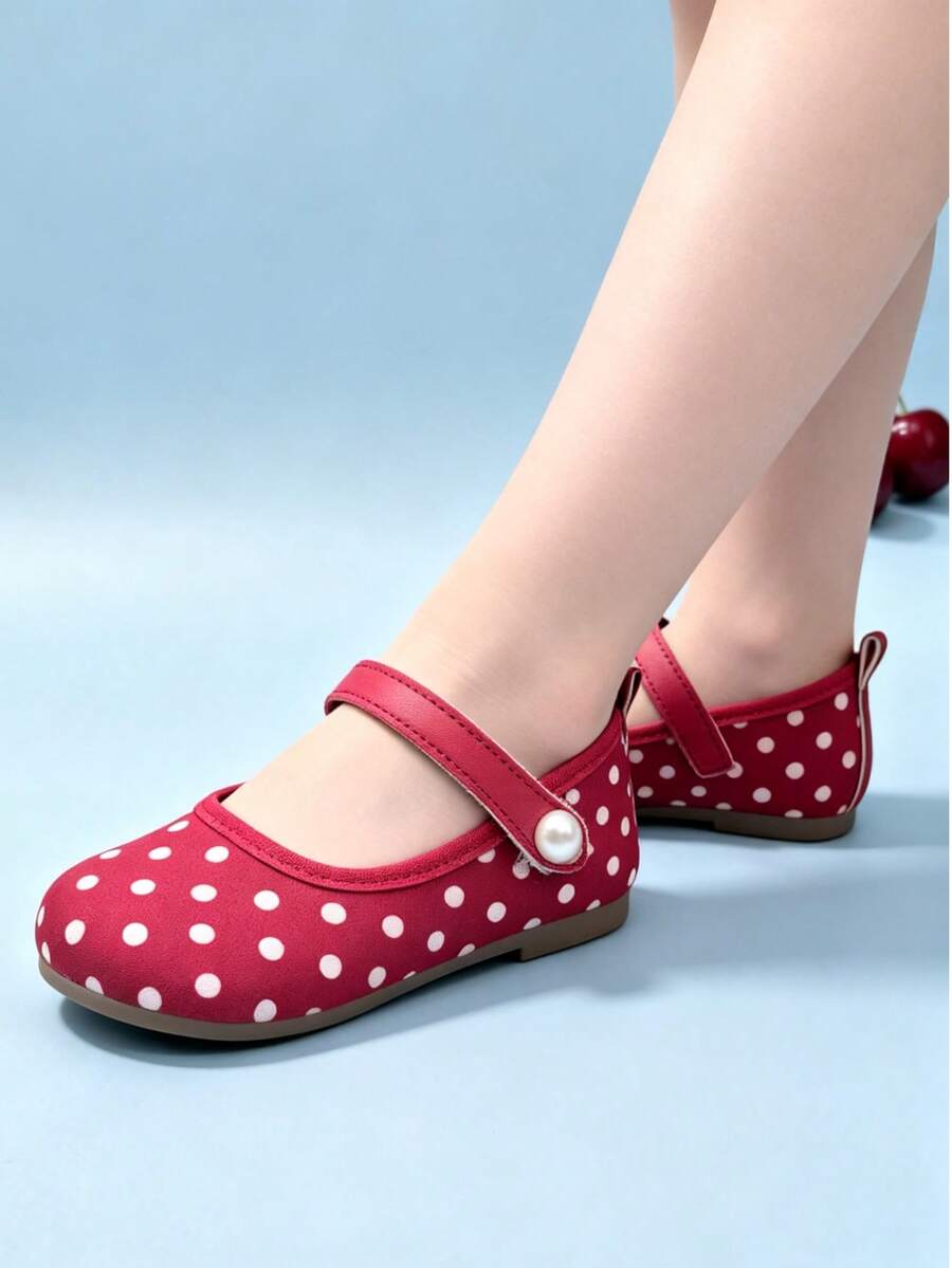 1 Pair Girls 3-13,Red White Polka Dot Single Strap Mary Jane Flats, Pearl Decor Kids Cloth Shoes, Soft Non-Slip Sole For Daily, Wedding & Photo Shoots - Red - View 1