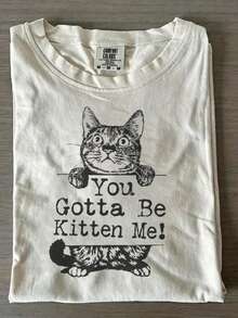 Funny Kitten Pun Tee, You Gotta Be Kitten Me Slogan, Vintage Tabby Cat Print, Casual Summer Crew Neck Short 100% Cotton - 白色4 - 查看 1