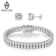 MDFUN 18K Weißgold beschichtetes Unisex Schmuckset 2-Reihiges 3mm 4-Krallen Zirkonia Tennis Armband & 6mm runde Ohrstecker - Weißgold - Übersicht 1