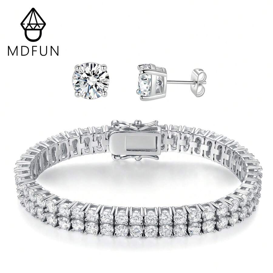 MDFUN 18K Weißgold beschichtetes Unisex Schmuckset 2-Reihiges 3mm 4-Krallen Zirkonia Tennis Armband & 6mm runde Ohrstecker - Weißgold - Übersicht 1