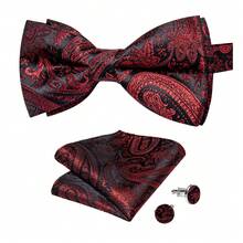 5Pcs Red Paisley Jacquard Men Accessory Set, Bow Tie Pocket Square Cufflinks Ring Boutonniere, Random Cufflink Patterns, For Groom Wedding - Red - View 3