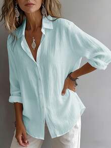 Camisa Mujer Cuello Solapa Color Menta Claro de Manga Larga, Tejido con Textura Arrugada Suelto, Botones Delanteros para Estilo Casual y Oficina - azul claro - Ver 3