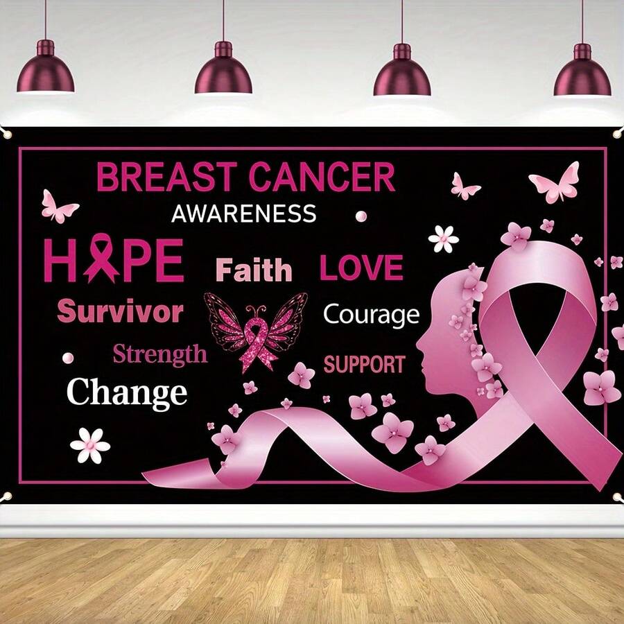 1pc Breast Cancer Awareness Background Banner, Pink Ribbon October Breast Cancer Month Decorative Banner, Hope Faith Strength Courage - 7 - View 1