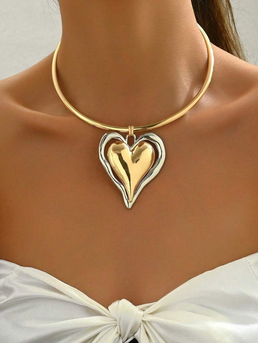 pieza de collar con colgante de corazó3D asimétrico y minimalista de moda, con colores contrastantes, versátil para uso diario, festivales, fiestas, vacaciones en la playa. - Amarillo dorado + Negro 1 - Ver 1