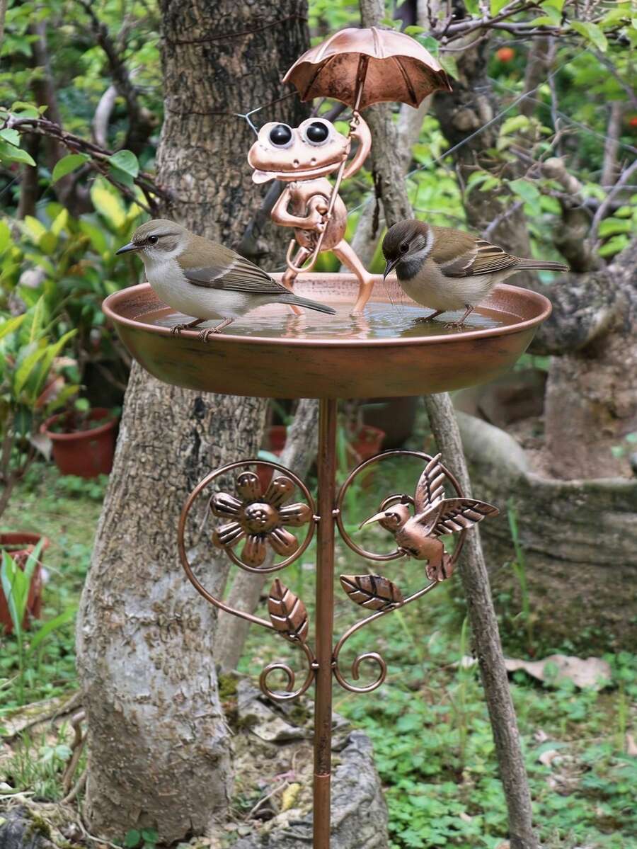 復古立式鳥浴盆插樁附傘柄青蛙裝飾小雕像,金屬戶外野鳥餵水盆,蜂鳥花卉裝飾,適用庭院草坪露台花園 - 鳥浴盆 - 查看 1