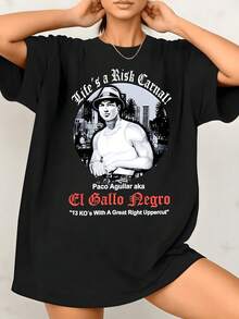 Camiseta unisex con estampado gráfico de la leyenda del boxeo El Gallo Negro Paco Aguilar , cuello redondo, estilo casual, 1 unidad. Son excelentes regalos para los viernes. - Negro - Ver 1
