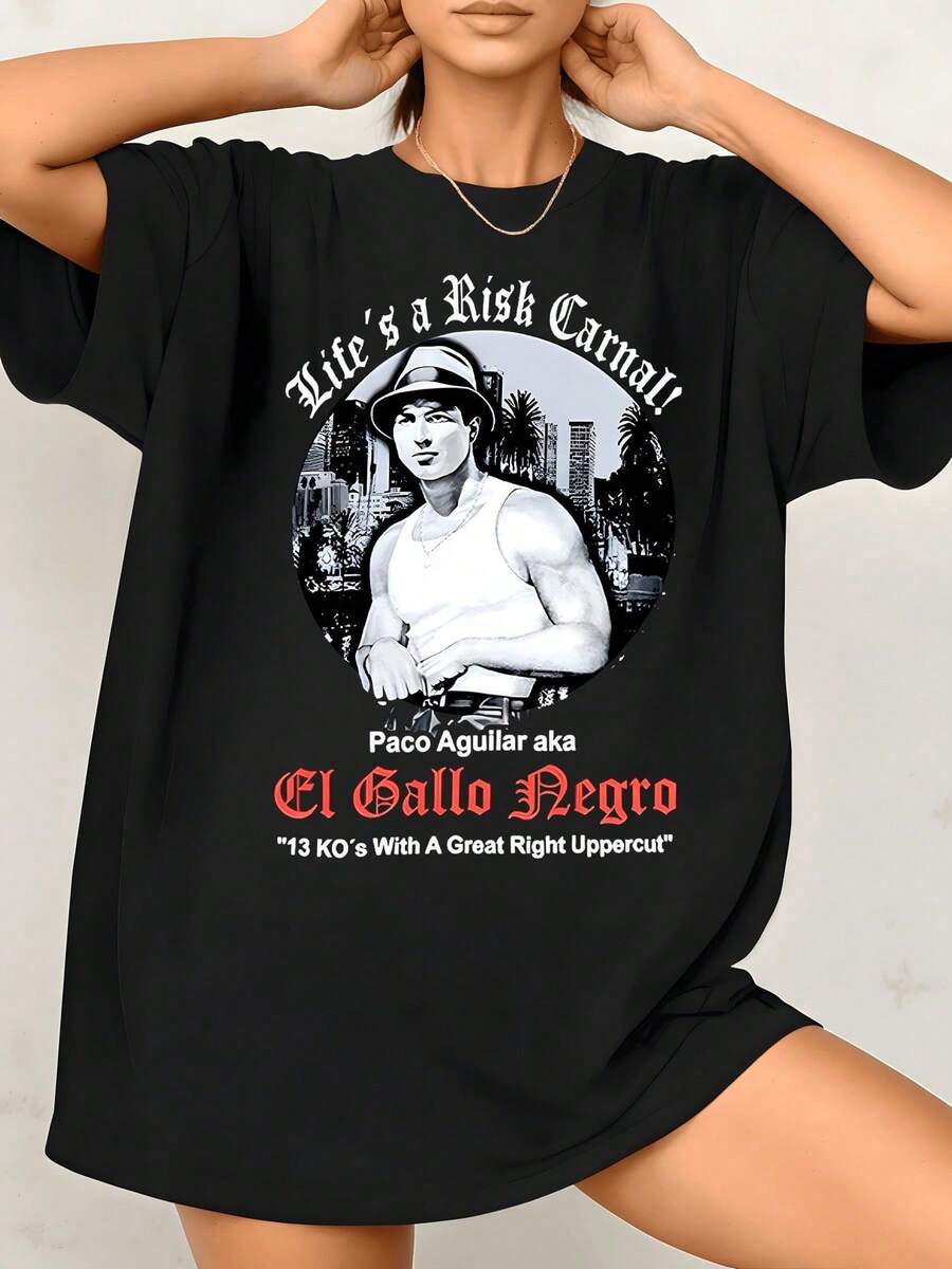 Camiseta unisex con estampado gráfico de la leyenda del boxeo El Gallo Negro Paco Aguilar , cuello redondo, estilo casual, 1 unidad. Son excelentes regalos para los viernes. - Negro - Ver 1