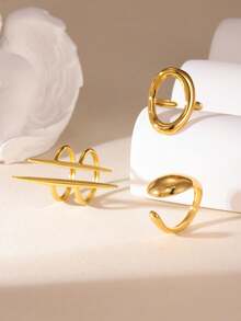 GEREIT Juego de 3 anillos de acero inoxidable chapados en oro de 18K con patrón geométrico asimétrico, adecuados para el uso diario de las mujeres - Dorado - Ver 2