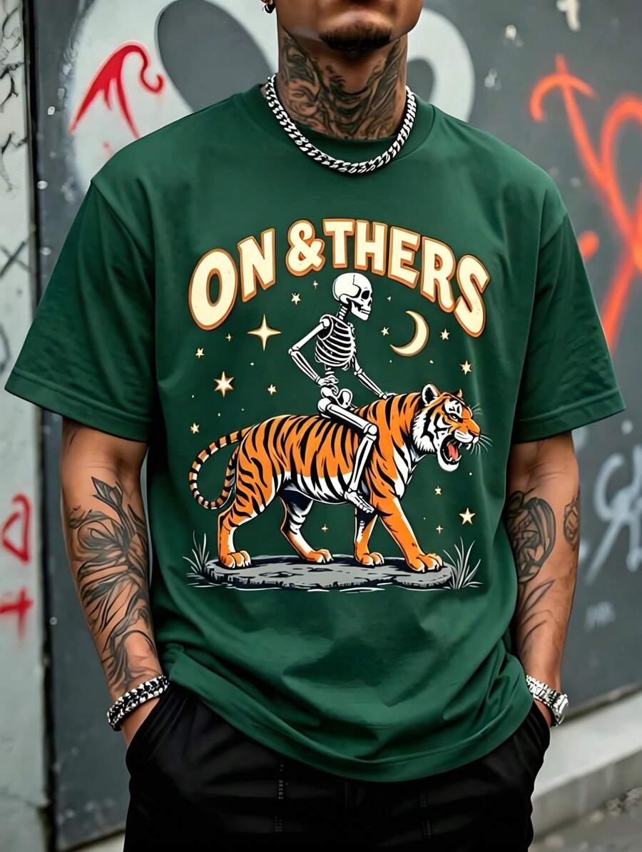 Men's Loose Fit T-Shirt, Full Skeleton Print Riding A Roaring Tiger With Night Sky, Half Moon And Stars, Vintage Bow Text, Western Retro Gothic Streetwear Style. - Green - View 1