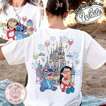 Disney White Women's Oversized Double-Sided T-Shirt, Lilo & Stitch Ice Cream Balloon Front Magic Castle Firework Back Print, Park Vacation Cas - White - View 1