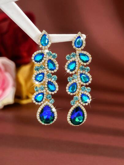 1 Pair Long Dangle Earrings, Sparkling Rhinestone-Embellished Gradient Blue Water Drop Crystal Tassel Earrings, Copper Material, Summer Evening Party Dance Wedding Anniversary Celebration Holiday Accessory