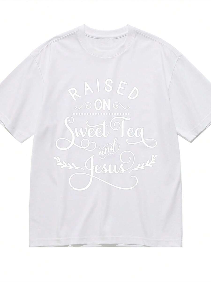 Faith Quotes Raised On Sweet Tea And Jesus T-Shirt For Women Men Cotton Short Sleeve Crew Neck Graphic Top Tee - 白色 - 查看 1