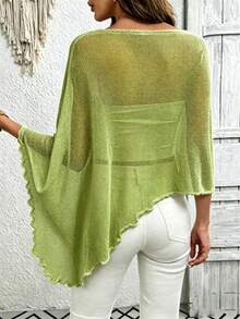 Atasan Rajut Model Cape Kasual Warna Polos Asimetris untuk Wanita Ukuran Plus, Cocok untuk Musim Panas. - Hijau - View 3