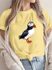 Llegada] Camiseta con Estampado Navideño de Puffins, Casual para Mujer, Vacaciones, Manga Corta, Cuello Redondo, Primavera/Verano, Lavable a Máquina, Nueva Ropa de Mujer, Versátil para Salir - Amarillo - Ver 7