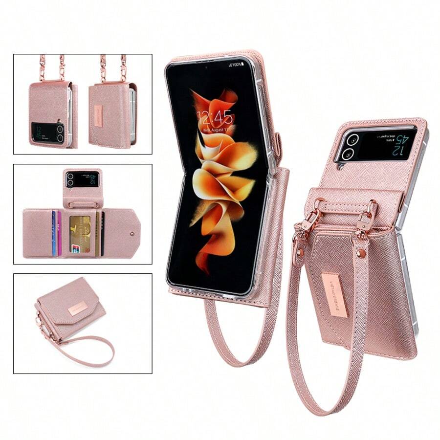 VIETAO Wrist Strap Wallet Card Slot Artificial Leather Phone Case, Compatible With Samsung Galaxy Z Flip 3 4 5 6 7 8, Fashion Protective Phone Case Flip3 Flip4 Flip5 Flip6 Flip8 - Rose Gold - View 1