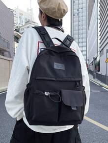 Pure Black Casual Backpack, Waterproof Nylon Fabric, Side Drawstring Pocket, Minimalist Style, Suitable For Teenagers Travel And Daily Use - Black - View 3