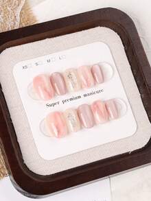10pcs Short Round Handmade Press-On Nails, Soft Pink Marble Gradient Glitter Nude False Nails, Glossy Silver Foil Swirl Design, Reusable Full Coverage Women's Fake Nails, Suitable For Daily Office, Date, Wedding Manicure - Baby Pink - View 6