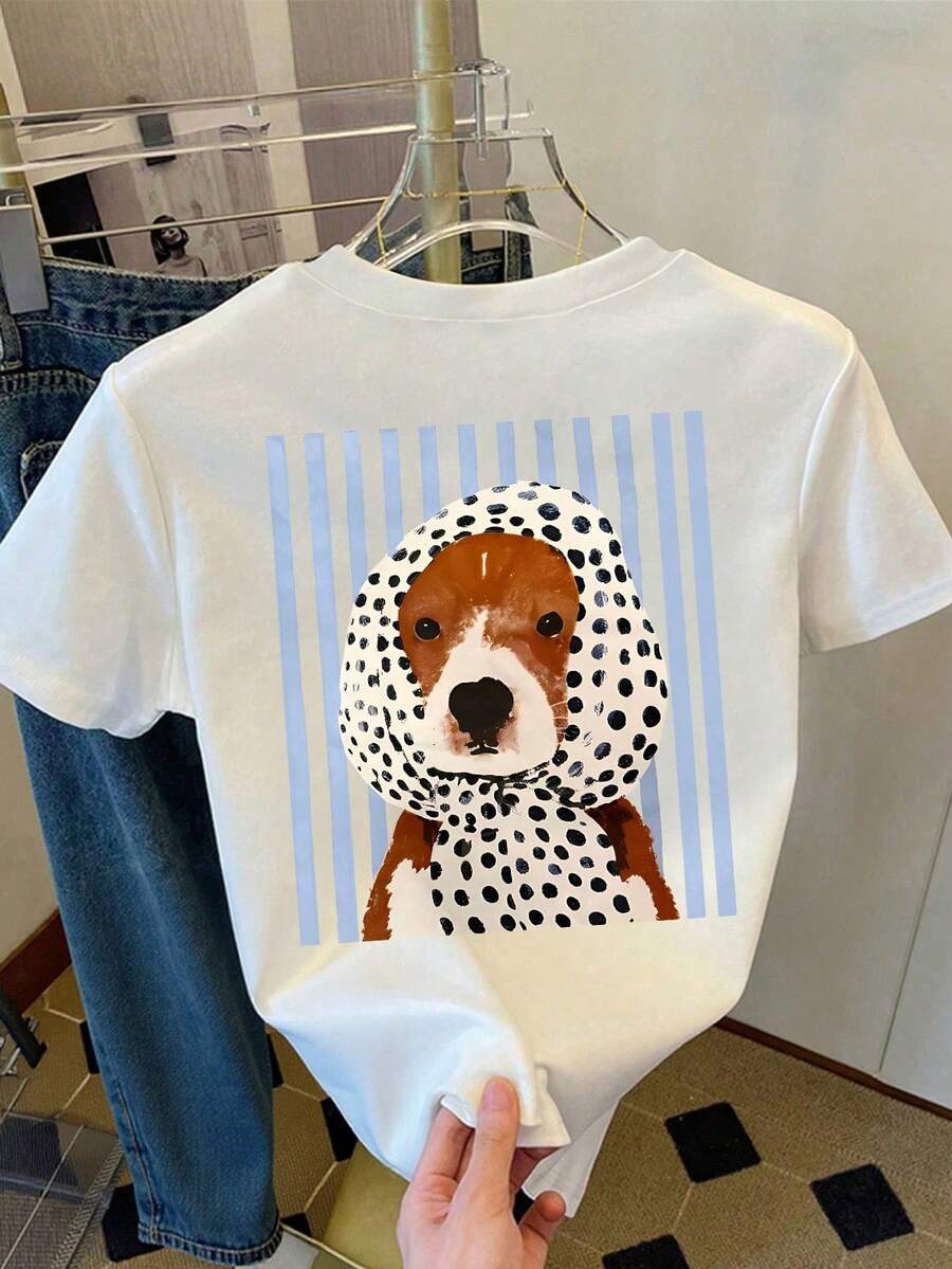 Pure Cotton DrmWander Women's T-Shirt, Casual Urban Style With Graphic Print, Short Sleeve T-Shirt, Cute For Summer, Women's Sportswear - 白色 2 - 查看 1