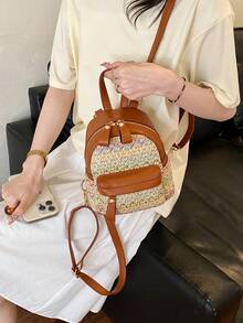 Mochila pequeña de mujer de paja sintética, mochila de viaje clásica y linda 3 en 1 - Marrón - Ver 4