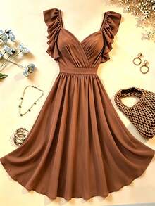 Vestido elegante con cuello en V y volantes en el bajo para mujer - Marrón - Ver 2