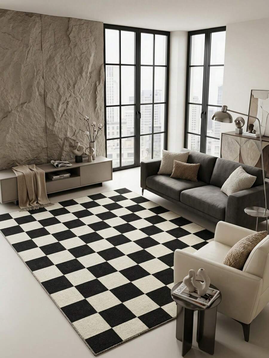 1pc Luxury Nordic Modern Minimalist Black & White Checkerboard Pattern - Rectangular Soft Faux Cashmere Machine Washable Area Rug, Suitable For Living Room, Bedroom, Entryway, Bathroom, Hallway, Patio, Kitchen, Indoor & Outdoor, All-Season Large Size Floor Mat, Home Decor - Multicolor - View 1