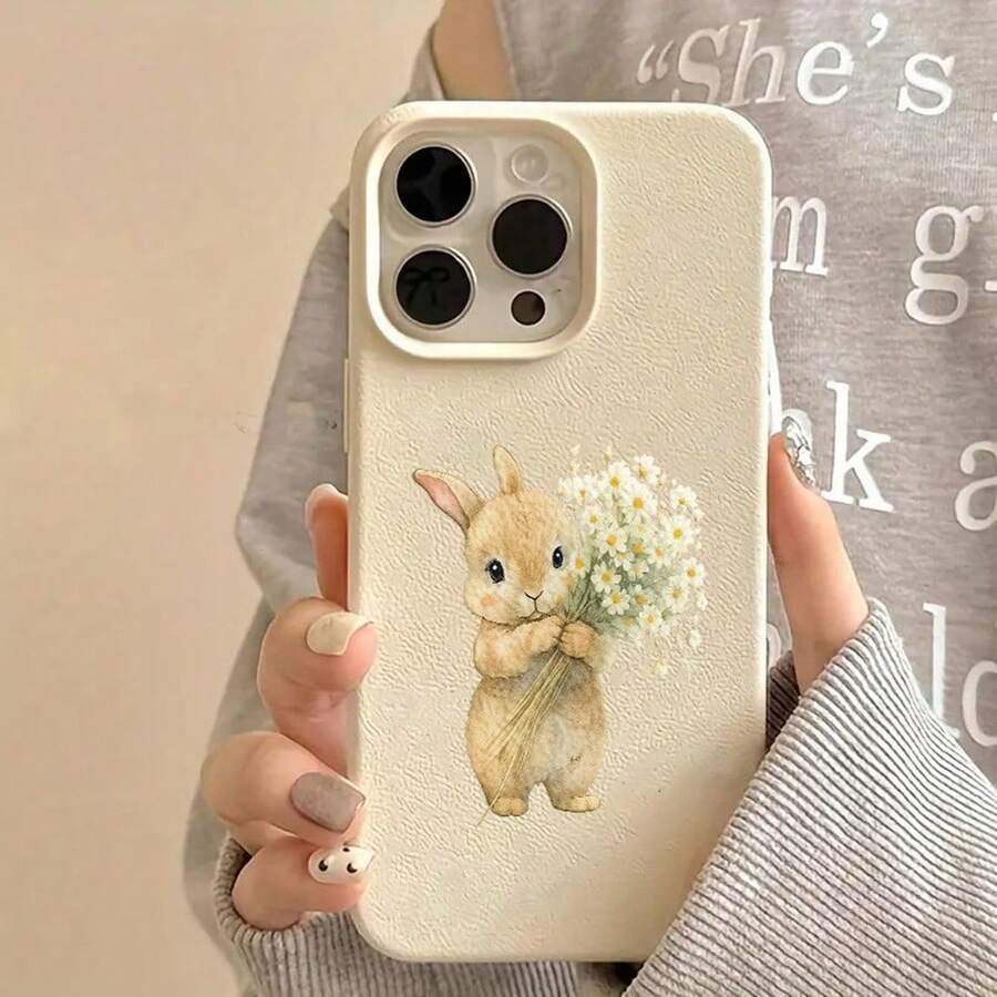 Funda para Teléfono - Funda Floral con Diseño de Conejo y Textura de Lichi, Protección Anticaídas, Compatible con Apple 17, 16, 15, 14, 13, 12, 11 Plus Pro Max. Estilo Moderno, Cobertura Total. - Multicolor - Ver 1