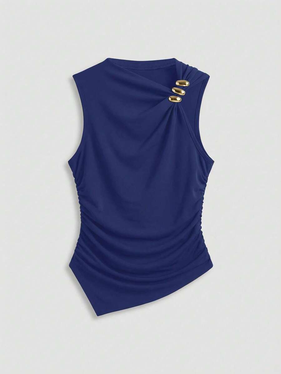 Raffinéa Camiseta sin mangas ajustada con decoración metálica y fruncido en la cintura, de estilo casual y elegante - Azul - Ver 1