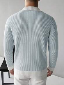 Whitmere YONGC Autumn/Winter New Men's Fashion Turn-Down Collar Dropped Shoulder Long Sleeve Knit Top, Simple Striped Colorblock Men's Sweater Pullover - Blue and White - View 4