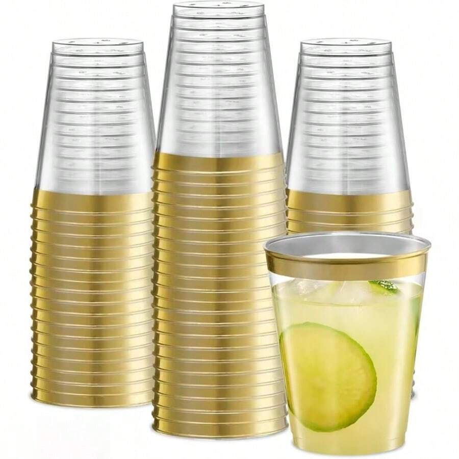20pcs Gold Cups, 10oz Clear Cups With Gold Rim, Gold Beer Cups, Party Cups, Premium Gold Rimmed Cups, Perfect For Weddings And Parties, Reusable - Gold - View 1
