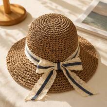 Sombrero de paja para salidas de verano y vacaciones, transpirable y plegable, sombrero de ala ancha para protección solar para mujeres. - Caqui - Ver 2