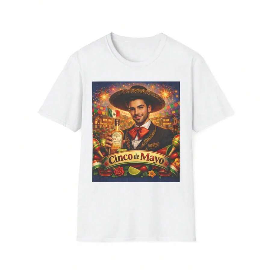 Cinco de Mayo Charro Portrait T-Shirt |   Fiesta Mexicana, Botella de Tequila - Blanco - Ver 1