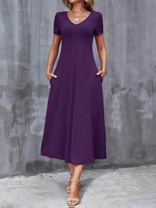 Vestido Casual Cuello en V Manga Corta con Bolsillos.Color Sólido, Lavable aáquina, Versátil para Todas las Estaciones. - Verde - Ver 6