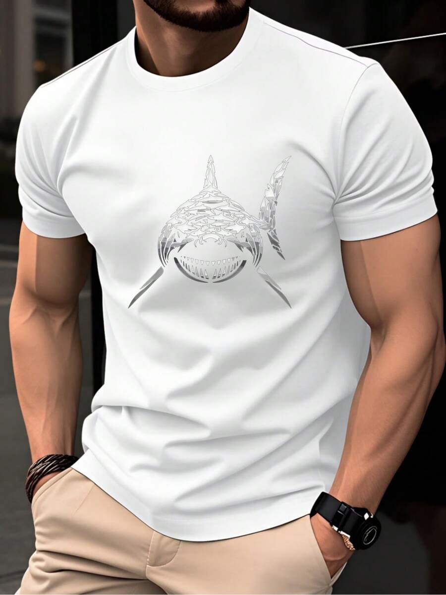 Men's T-Shirt, Men's Summer Sports T-Shirt, Micro-Stretch Knit Fabric, Printed T-Shirt, Regular Fit, Micro-Stretch Clothing, Graphic Print T-Shirt, Casual Style - 白色 - 查看 1