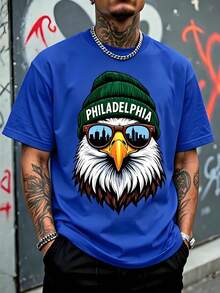 Men's Loose Fit T-Shirt, Bald Eagle Print With Green Wool Hat "Philadelphia" And City Silhouette Glasses, Short Sleeve T-Shirt American Urban Streetwear Style. - 藍色 - 查看 6