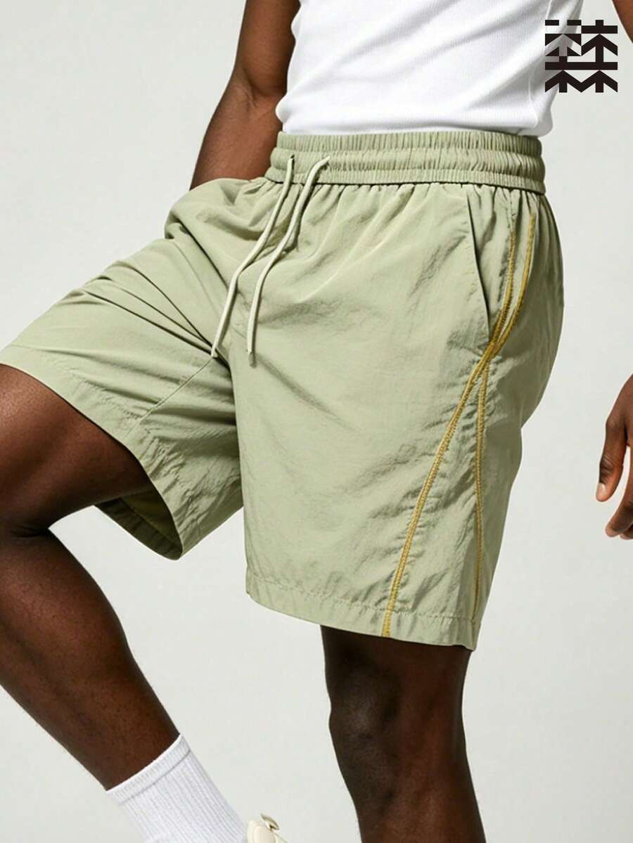 Men's Quick-Dry Sports Shorts, Contrast Stitching Breathable Drawstring Shorts, Suitable For Outdoor Hiking, Running And Other Summer Sports - Gray-green - View 1
