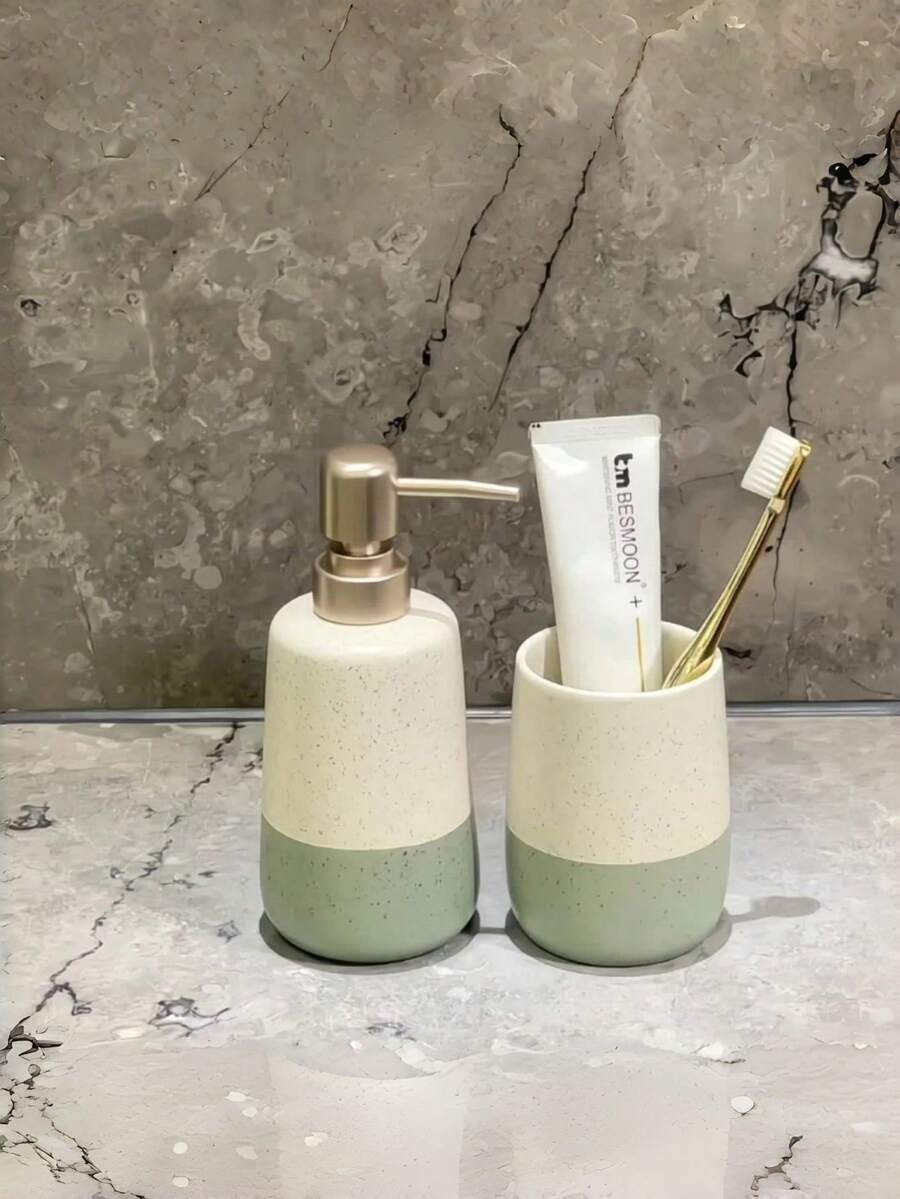 1pc Modern Minimalist Ceramic Soap Dispenser & Toothbrush Holder | Freestanding Non-Slip Design, Ideal For Bathroom Storage And Organization - Multicolor - View 1